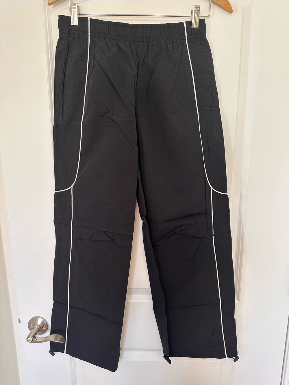 Women’s Black Parachute Pants with White Piping size M
